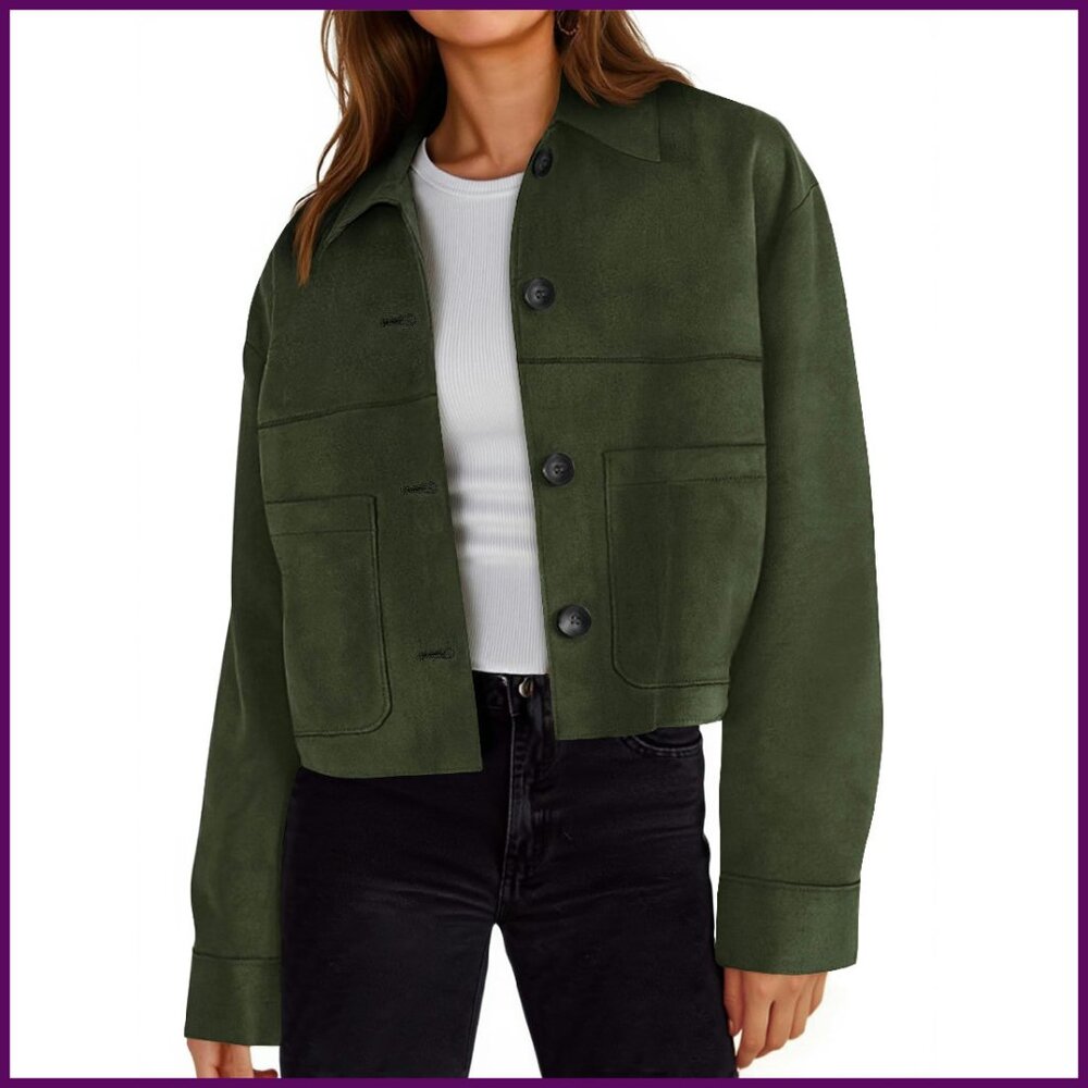 Faux Suede Cropped Jacket Lapel Collar Button Down Casual Shacket